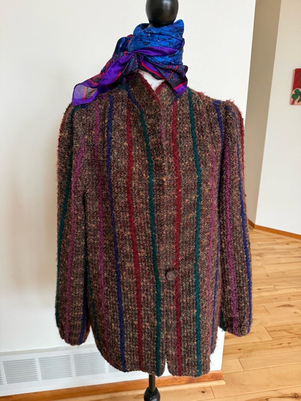 Grandma core Textured Striped Bouclé Jacket with Jewel-Tone Scarf - Picture 6 of 10